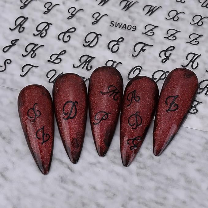 Letter Nail Art Stickers, Old English Letter Nail Art Decals 3D Self-Adhesive Gold Silver Black White Retro English Pattern Nail Design 6Pcs Nail Art Supplies for Women Nail Decoration
