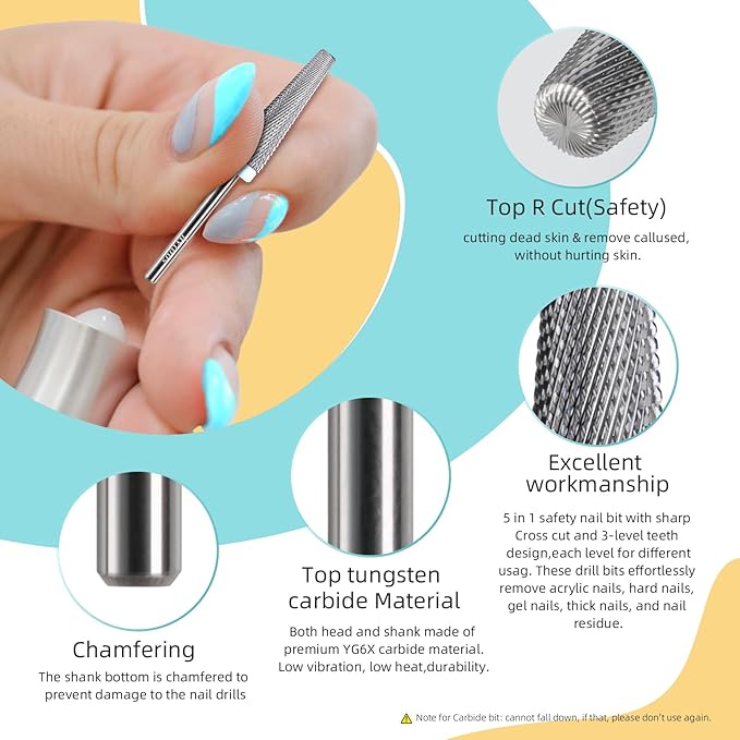 24mm Super Long 5 in 1 Nail Drill Bits, Cross Tapered Carbide Bit, 3/32" Two-way Rotate for Both Hand, Remove Acrylic Nails/Gel, Electric File Tool Drills Manicure Accessories (2XF)
