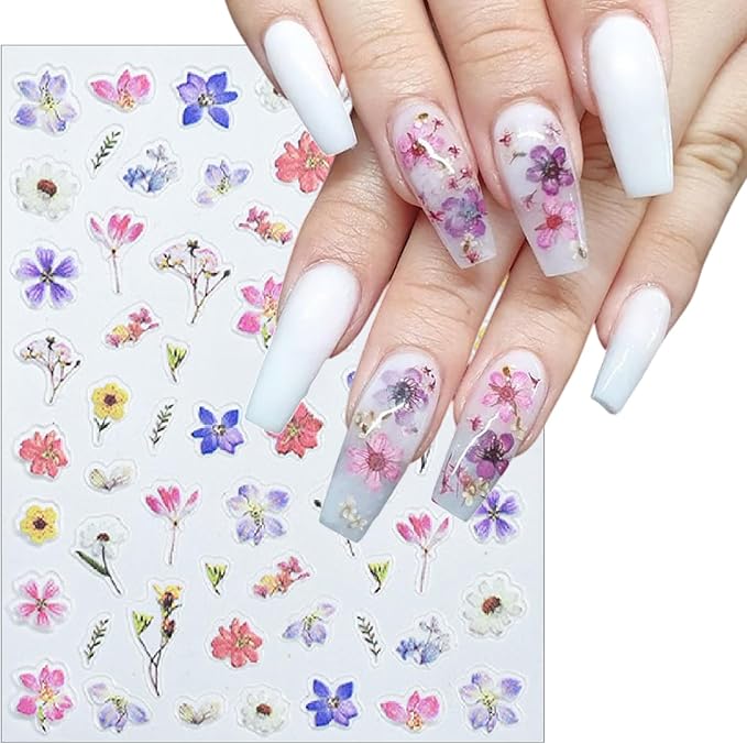 3 Sheets Spring Colored Glitter Flowers Nail Art Stickers 3D Self-Adhesive Gradual Smudge Flowers Pink Dried Flower Pattern Pink Petal Design Nail Decals for Women DIY Nail Art Decorations