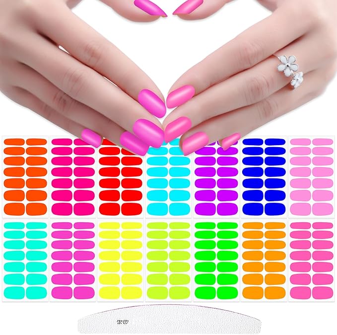 JERCLITY 196 Pieces 14 Sheets Fluorescence Solid Color Nail Polish Strips Vibrant Color Nail Wraps for Short Nails Nail Decals Self-Adhesive Nail Stickers Full Nail Wraps for Women Girls Nail Art