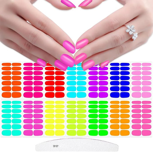 JERCLITY 196 Pieces 14 Sheets Fluorescence Solid Color Nail Polish Strips Vibrant Color Nail Wraps for Short Nails Nail Decals Self-Adhesive Nail Stickers Full Nail Wraps for Women Girls Nail Art