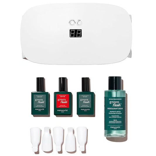 Manucurist Green Flash Slim LED Nail Gel Kit Gift Box : 24W LED Lamp, Base Coat, Top Coat, Poppy Red Polish, Polish Remover & Clips - Gel Nail Kit with Uv Light - Christmas Gifts for Women