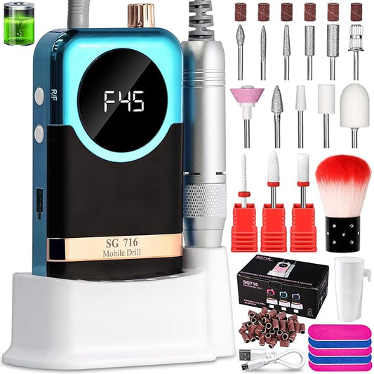 LIMEGIRL Professional Electric Nail Drill Kit 45000RPM Portable Cordless Toenail Cordless Toenail Machine with 14 Drill Bits and Base for Women (Green)