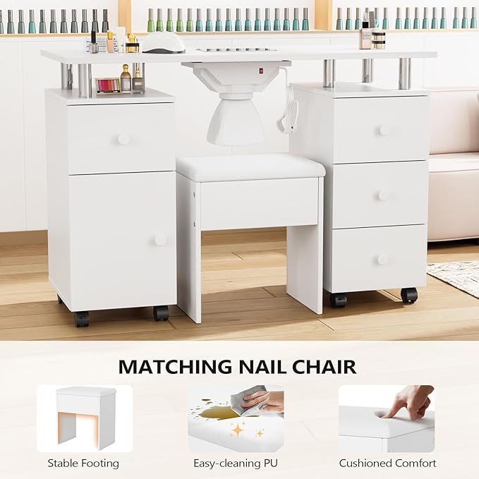 OmySalon Nail Desk and Chair Set, with Stool, Dust Collector, Arm Rest & Wheels, Acetone Resistant Desktop, Manicure Table Nail Table Station for Nail Tech w/Drawers Storage (White)