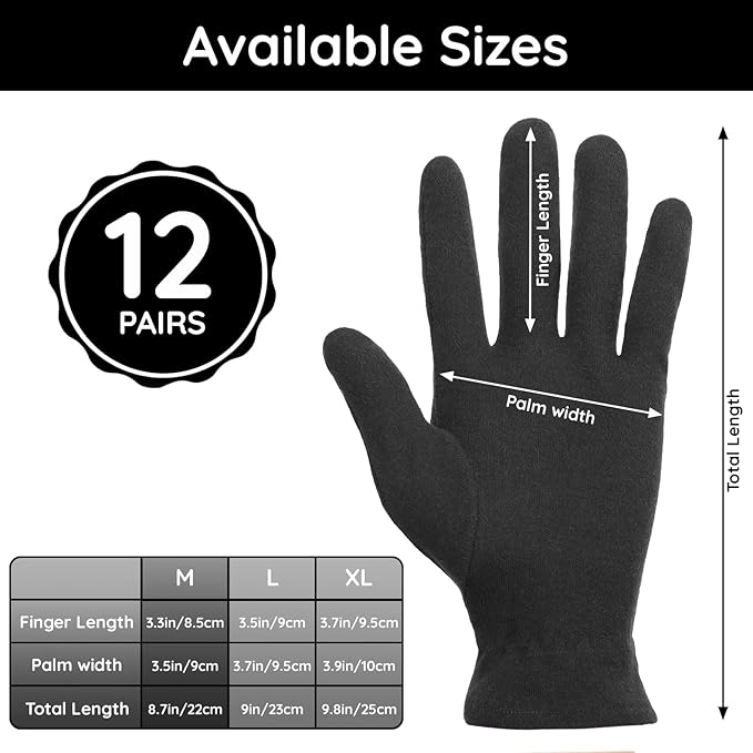 Segbeauty 24 Counts Elastic Lotion Cotton Gloves Black for Dry Hands Overnight, 12 Pairs Hand Moisturizing Gloves Overnight with Elastic Band, Hand Care Reusable Moisture Cotton Glove for Men & Women