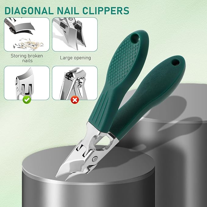 Eagle Beak Beveled Nail Clippers, Wide Jaw Opening Anti-Splash Slanted Nail Clipper Set, Eagle Beak Angled Nail Clippers 3-Piece Set, for Thick and Ingrown Nails (Green)
