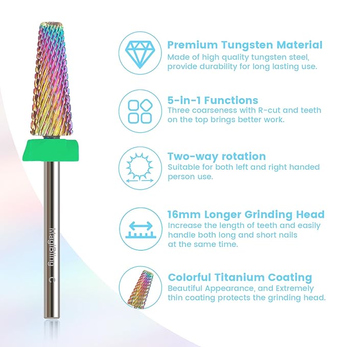 C 5 in 1 Nail Drill Bits, 16mm Tapered 3/32'' Professional Tungsten Carbide Bits for Efile, 2 Rotation for Electric Drill, Remove Thick & Soft Gel Fast, Manicure Cuticle Polishing, Techs Bits, Coarse.