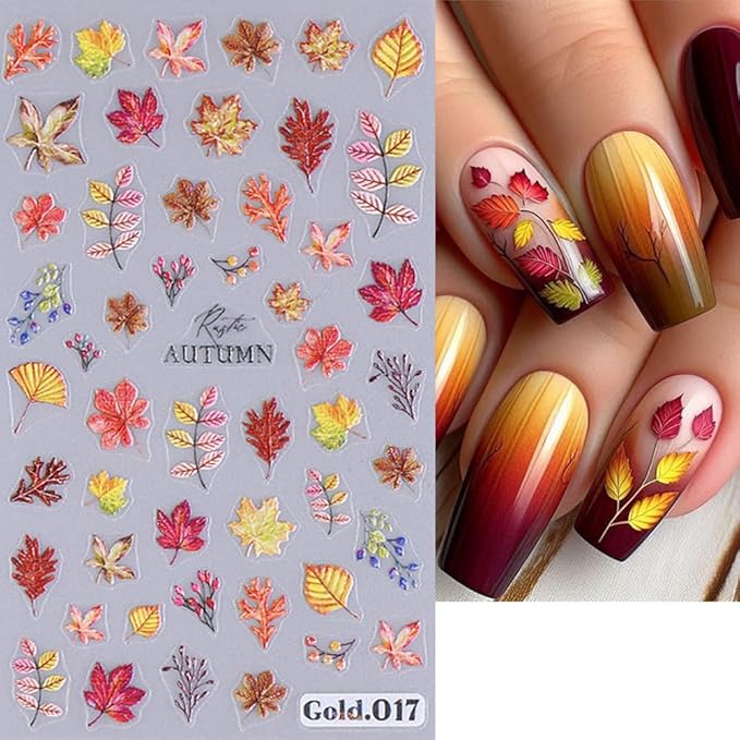 Fall Nail Stickers 3D Maple Leaves Nail Decals DIY Self Adhesive Tree Leaf Autumn Letter Nail Design Sticker Squirrel Animal Nail Decoration Supplies Holiday Manicure Accessories for Women Girls 4Pcs