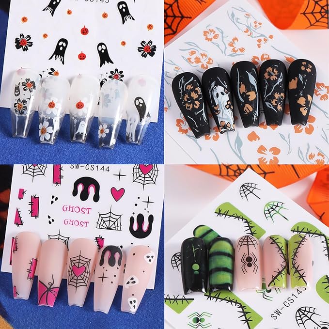 8 Sheets Halloween Nail Art Stickers Gothic Spooky 3D Self Adhesive Ghost Nail Decals Goth Spider Web Flower Nail Design Stickers Ghost Nail Stickers Art Decoration for Women Acrylic Manicure Salon