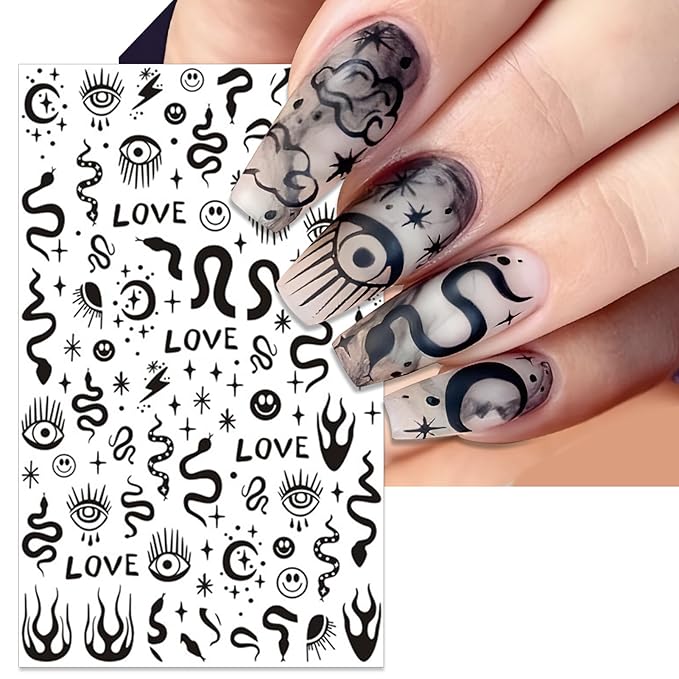 Gothic Nail Art Stickers - Halloween Black Snake Skull Fire Self-Adhesive 3D Nail Decals for DIY Punk Horror Manicure (5 Sheets)