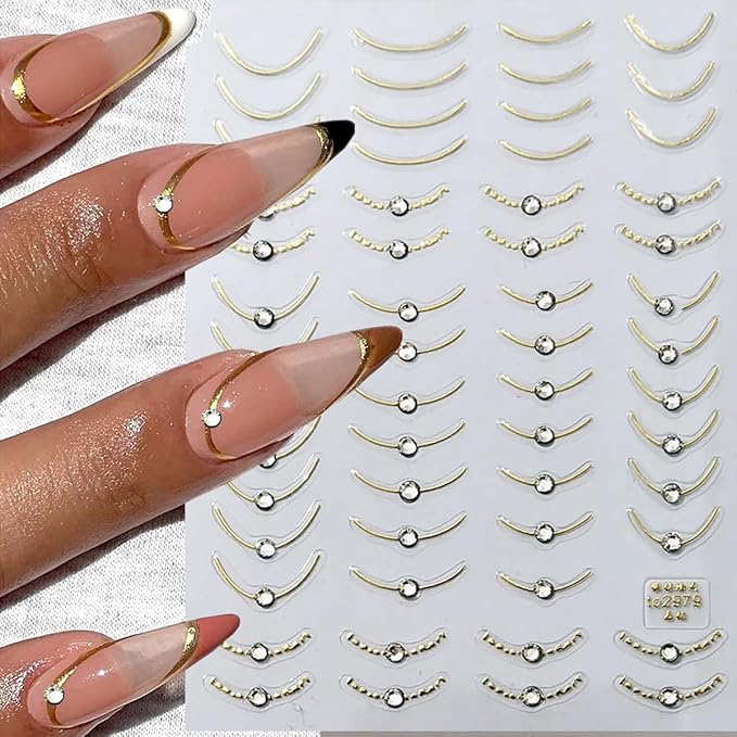 French Tip Nail Stickers for Nail Art, 3D Self-Adhesive Gold Silver French Tip Line with Crystal Diamond Nail Art Design Decals French Nail Sticker for Acrylic Manicure DIY Nail Art Accessories
