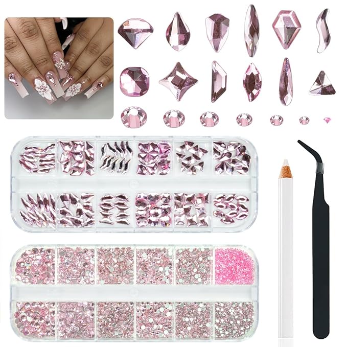 3080Pcs Pink Rhinestones Nail Crystals 120 Multi Shapes Flatback Light Pink Gems Round Beads K9 Glass Stones Diamonds jewels Nail Art Supplies Nail Charms for Nails Faces Eyes Makeup Crafts DIY