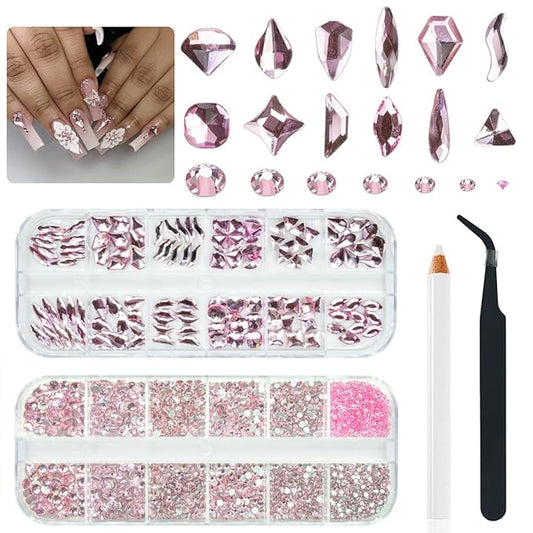 3080Pcs Pink Rhinestones Nail Crystals 120 Multi Shapes Flatback Light Pink Gems Round Beads K9 Glass Stones Diamonds jewels Nail Art Supplies Nail Charms for Nails Faces Eyes Makeup Crafts DIY