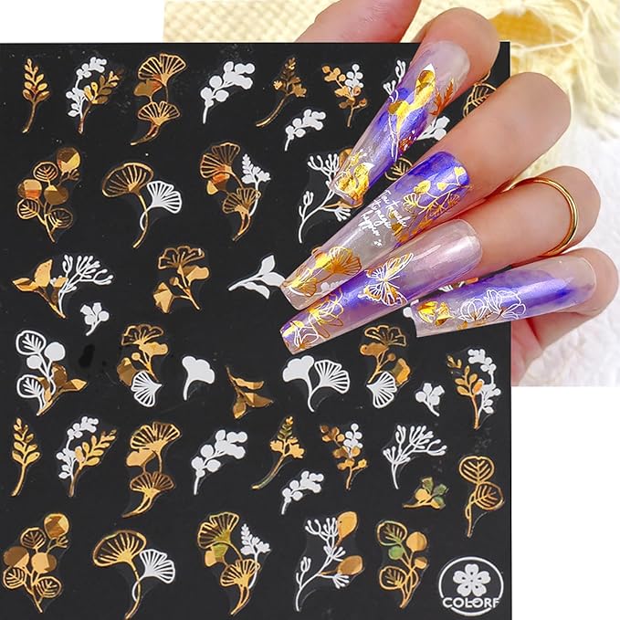 9 Sheets Fall Nail Art Stickers Maple Leaf Nail Decals Flower Tree Nail Design Decals 3D Self-Adhesive Glitter Gold Nail Stickers Thanksgiving Holiday Nail Art Decoration for Women Manicure Tips