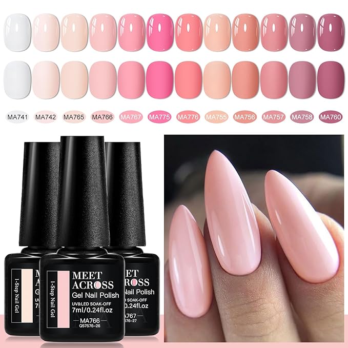 MEET ACROSS One Step Gel Polish Nude Pink Peach 3-in-1 Gel Nail Polish Set Skin Tones Neutral Soak Off Gel Nail Kit Manicure DIY Nail Art Salon Home Gift 12pcs*7ml