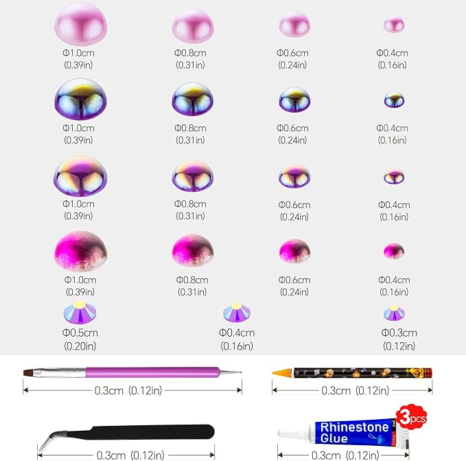 60g Purple Flat Back Pearls Rhinestones for Crafts Mixed Size 3mm-10mm AB Color Round Half Pearls Flatback Pearl Beads and Resin Rhinestones Set for Face Art with Gel