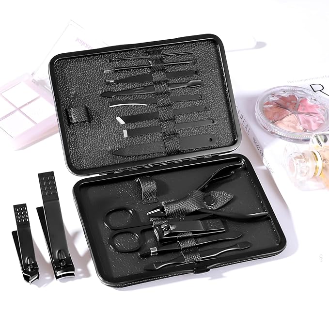 Nail Clippers Sets High Precisio Stainless Steel Nail Cutter Pedicure Kit Nail File Sharp Nail Scissors and Clipper Manicure Kit Fingernails & Toenails with Portable Stylish case (Black)