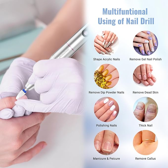 Cordless Electric Nail Drill File: 35000RPM Professional Nail Drill Machine with UV LED Nail Lamp Charging Base, Manicure Pedicure Kit E File for Acrylic Gel Dip Powder Polish Silver