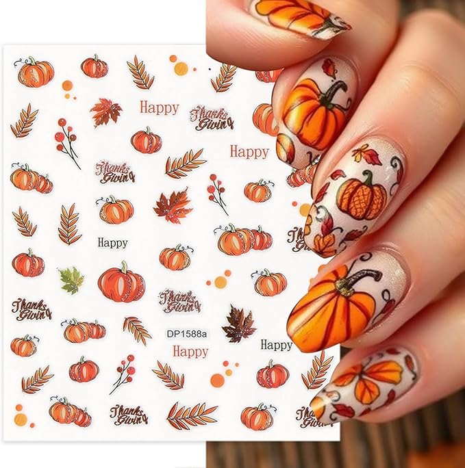 6 Sheets Fall Nail Stickers Autumn Maple Leaf Nail Art Stickers for Nail Art Cute Pine Cones Pumpkin Turkey Designs 3D Self-Adhesive Thanksgiving Nail Decals for Women DIY Acrylic Manicure Decoration