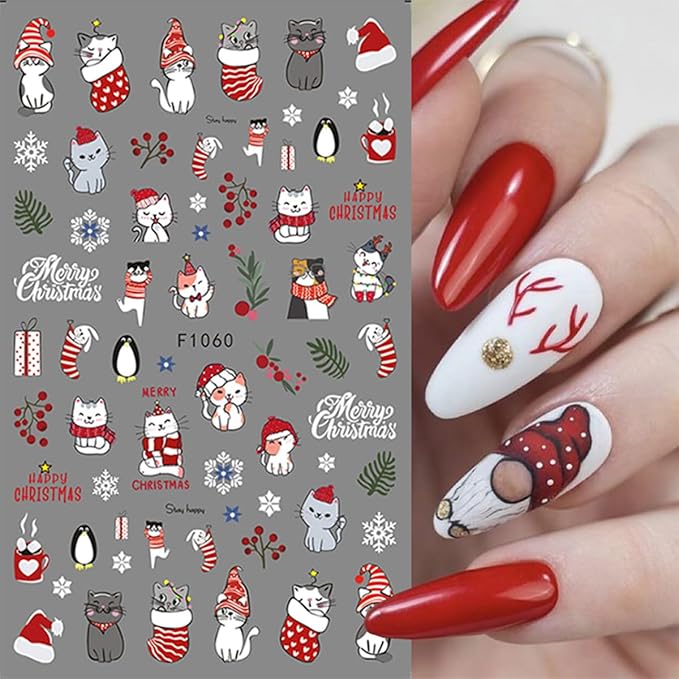 10 Sheets Christmas Nail Art Stickers Decals Cute 3D Self Adhesive Nail Decals Design Snowman Snowflake Deer Santa Claus Penguin Christmas Tree Nail Stickers for Women DIY Manicure Xmas Nail Decor
