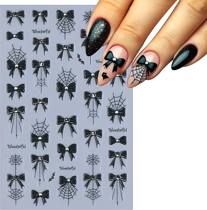 Halloween Nail Stickers Spider Web 5D Embossed Self-Adhesive Nail Decals with Rhinestones Cute Black Bow-Knot Spider Web Pattern Nail Art Designs for Halloween Party DIY Manicure Decorations 3 Sheets
