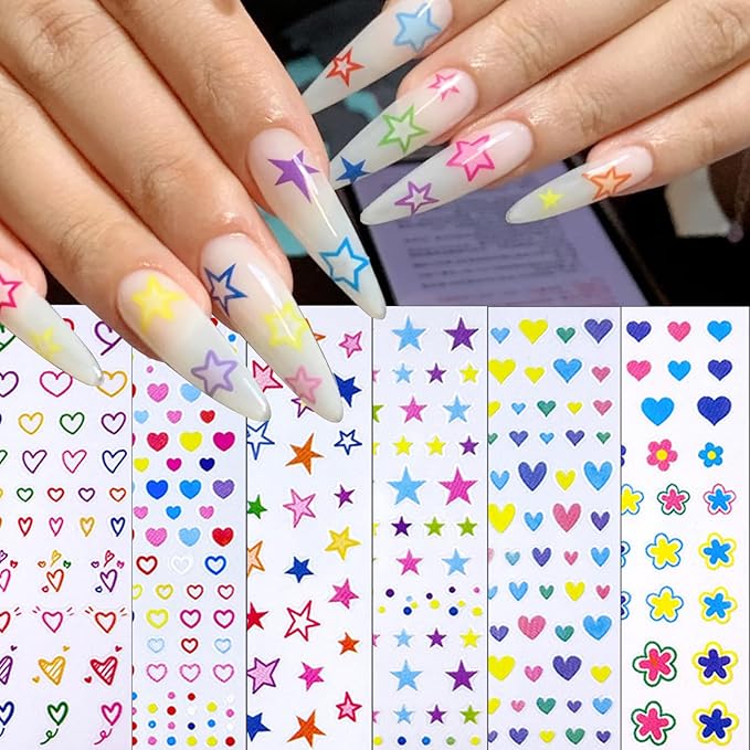 6 Sheets Sparkling Colorful Five-Pointed Star Nail Art Stickers 3D Self-Adhesive Heart Nail Sticker Colorful Summer Flower Design Nail Decals Supplies for Women Girls DIY Manicure Decoration