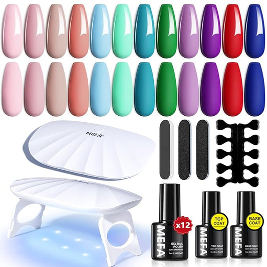 MEFA 19 Pcs Gel Nail Polish Kit with U V Light, 12 Colors All Seasons Soak Off Gel Polish Nail Set with Base Top Coat Essential Manicure Tools Beginners Salon Nails Art