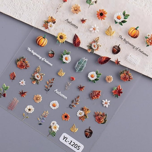 Fall Nail Art Stickers Autumn Maple Leaf Nail Decals 5D Embossed Nails Stickers Fallen Leaf Pumpkin Pine Cones Nail Supplies Autumn Flowers Nail Decals for Women Thanksgiving Day Manicure Decoration