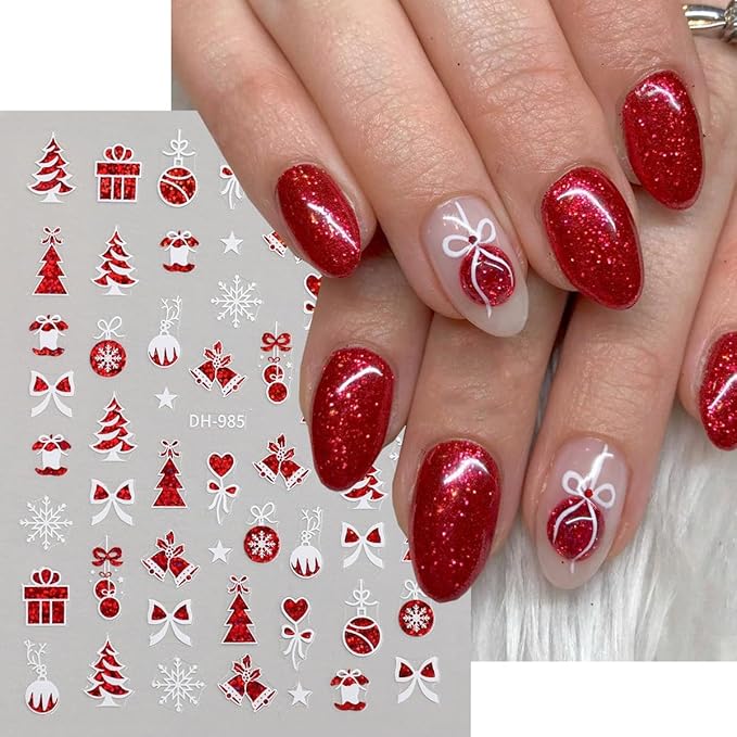 Christmas Nail Art Stickers Deer Antler Christmas Nail Decals 3D Self-Adhesive Nail Art Supplies 6PCS Red Bell Xmas Trees Santa Claus Elk Xmas Design Nails Adhesive Stickers for Women Nail Decorations