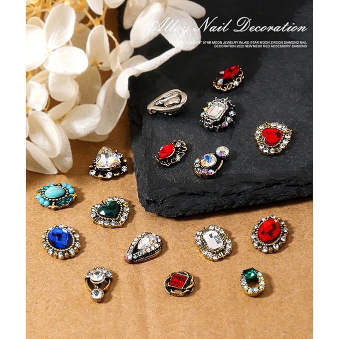 24 Pcs Retro Gold Nail Charms, qiipii 12 Pair 3D Alloy Luxury Nail Gems Elegant Heart Retro Rhinestones for Nails Golden Nail Crystals Diamonds Stones, Nail Art Supplies for Nails Decoration Crafts