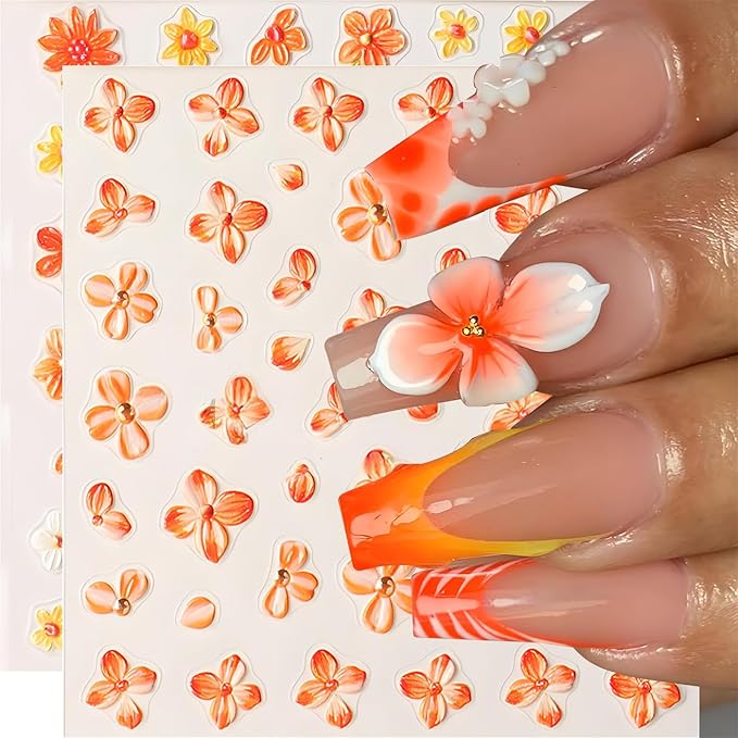 Fall Flowers Nail Art Stickers, Fall Gradient Orange Flower Nail Decals 5d Embossed Small Yellow Flower 2Pcs Nail Art Supplies for Women Nail Decoration
