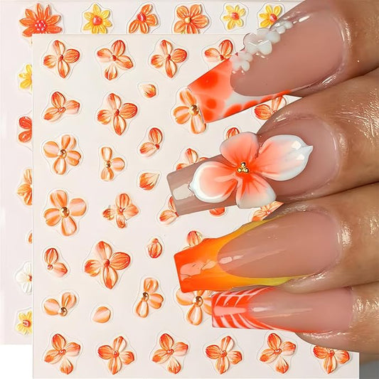Fall Flowers Nail Art Stickers, Fall Gradient Orange Flower Nail Decals 5d Embossed Small Yellow Flower 2Pcs Nail Art Supplies for Women Nail Decoration