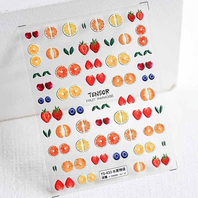 Summer Fruit Nail Art Stickers Decals 5D Embossed Fruit Nail Decals 1PCS Orange Lemon Strawberry Blueberry Summer Nails Design Engraved Stickers Manicure Nail Art Supplies for Women Nail Decorations