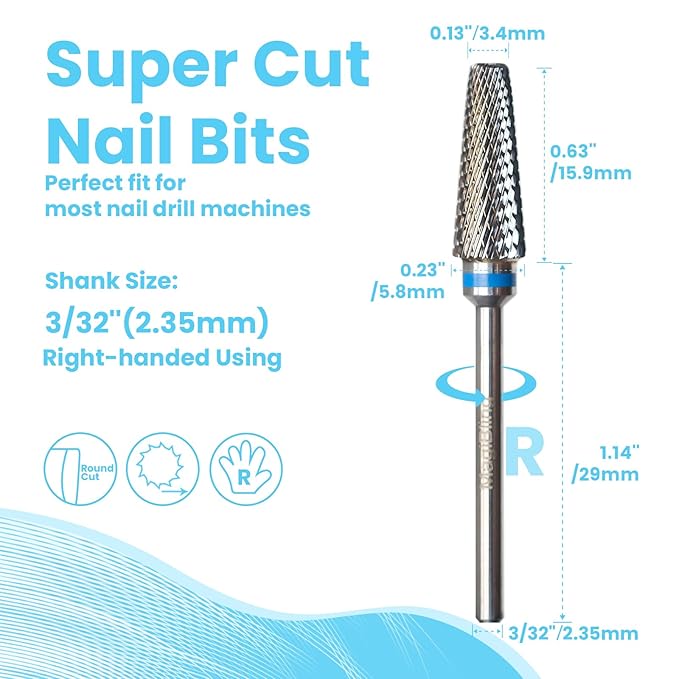 Super Cut 5 In 1 Nail Drill Bits, Tapered Barrel 3/32'' Safety Tungsten Bits, Upward Cut for Hard Gel Removal, Right Hand Use, Manicure Cuticle Gel Polishing, Technicians Bits, Medium.