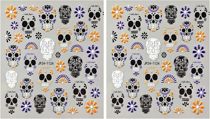 2 Sheets Halloween Skull Nail Stickers for Nail Art, 5D Embossed Black Orange White Nail Design Skull Nail Decals Skeleton Flowers Acrylic Nail Art Stickers Halloween Self-Adhesive Nail Art Supplies