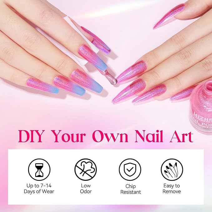 MIZHSE Holographic Nail Polish, Pink Glitter Nail Polish Air Dry Fast, 15 ml High Glossy Shimmer Nail Pigment Oil-based Laser Iridescent Nail Lacquer Chrome Halo Nail Art Salon Manicure Home
