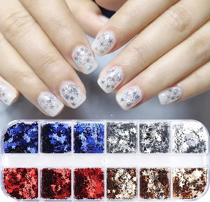 Independence Day Glitter Flakes 12 Grids Sequins Star Supplies Mixed Blue Red Crafts Charms Designs DIY USA Nail Art Decorations Accessories for Women Girl