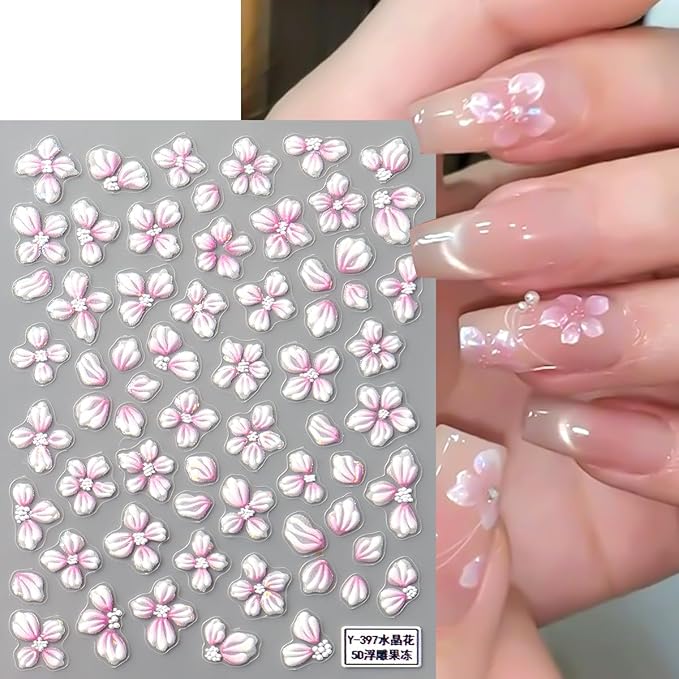 5D Embossed Flowers Nail Stickers for Nail Art Designs,4 Sheets Spring Cherry Blossom Floral Petals Self-Adhesive Nail Decals,Holographic Sakura Foils Sticker for Nail Decoration Manicure Supplies