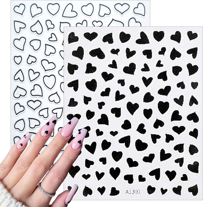 6 Sheets Valentine's Day Heart Nail Art Stickers Decals 3D Self-Adhesive Nail Decals Cute Red and Black Hollow Out Heart Nail Supplies for Women and Girls Valentines DIY Manicure Decorations