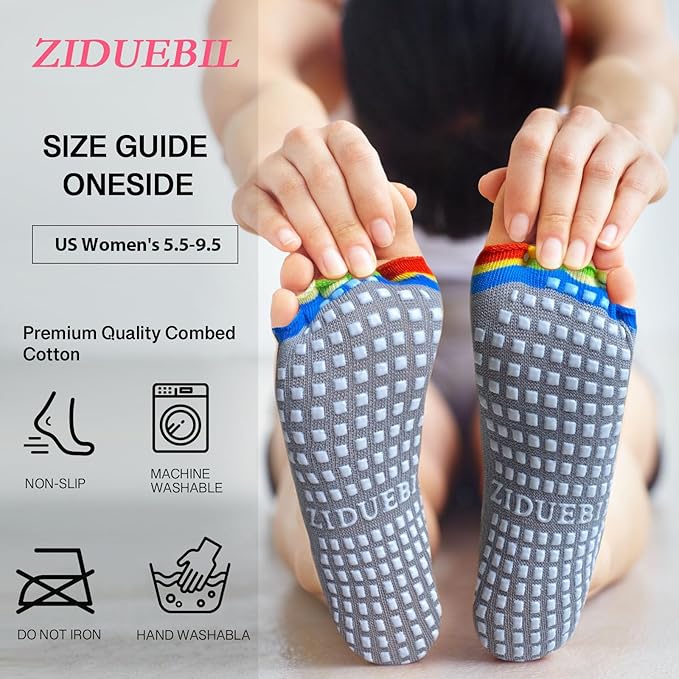 Women's Toe Separator Yoga Socks 5-Pack - Non-Slip Grips, Barefoot Pilates Socks with Open Toes, Breathable Cotton for Barre, Dance, Studio - Fits US 5.5-9.5 + Storage Bag