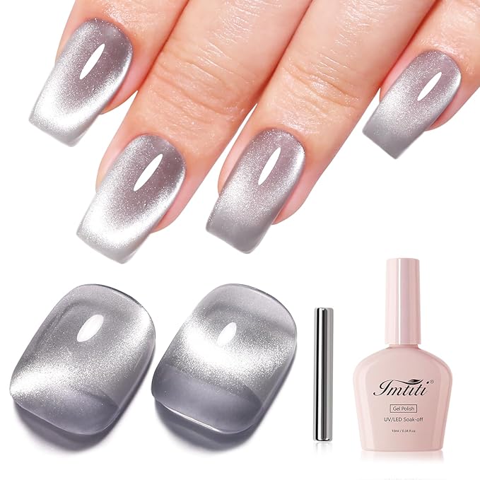 Imtiti Glass Silver Cat Eye Gel Nail Polish with Magnet, Holographic Glitter Shimmer Magnetic UV Gel Polish for Nail Art Soak off UV Led