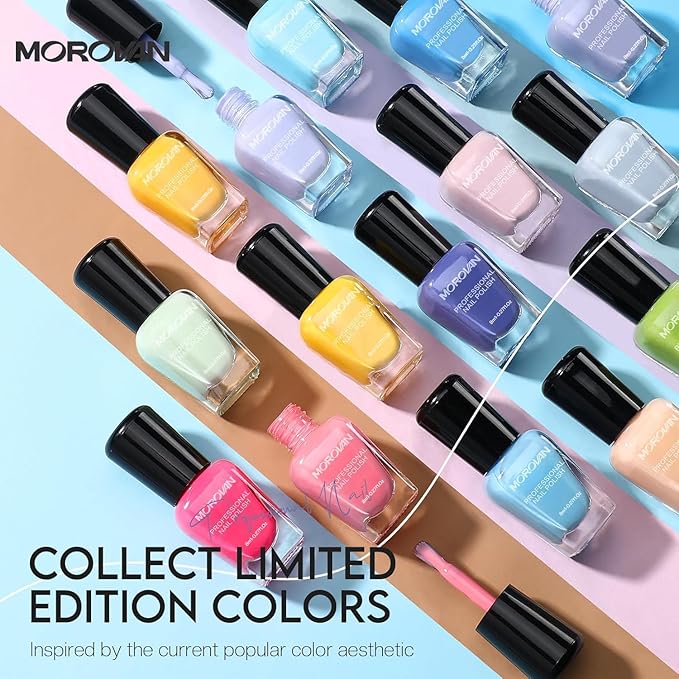 Morovan Pastel Nail Polish Set: Macaron Air Dry 15 Bright Colors 0.27oz Spring Summer Regular Fingernail Polish Kit