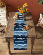 Abstract Blue Moire Table Runners 70 Inches Long, Cotton Linen Fabric Table - Image 4