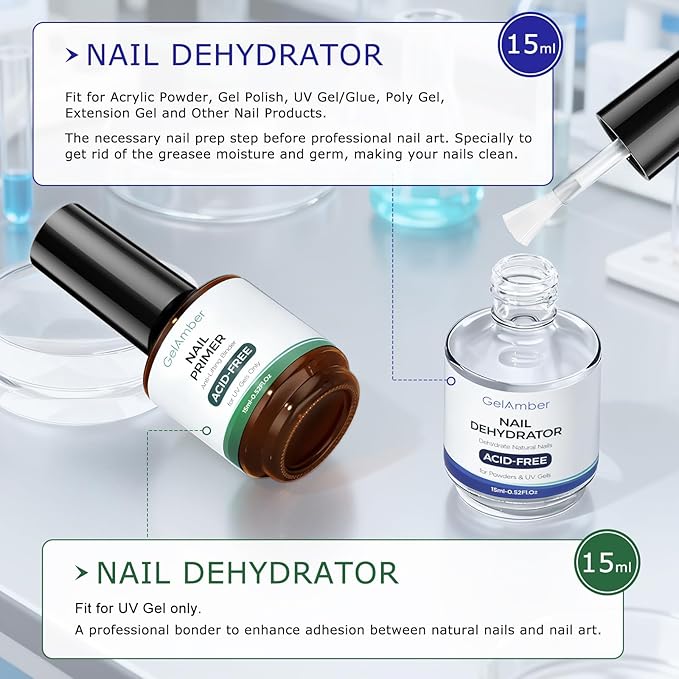 4Pcs 15ml Nail Primer and Dehydrator with Gel Base and Top Coat Set, Nail File, Acid-Free Glossy Durable Long-Lasting Finish Home DIY Nail Salon Nail Prep Kit Gift