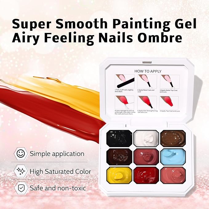 Sponge Pat Paint Nail Gel & Tools Kit, 9 Colors Ombre Nails Gradient Gel Nail Blush Blooming Aura Nails Drawing Stripper Floral Painting Nail Art, No Wipe, UV/LED Curing (9 Colors Set D)