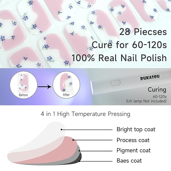 Semi Cured Gel Nail Strips, Falling Flowers| 28 pcs Gel Nail Strips Work with Any UV Lamp, Salon Quality UV Nails Stickers, Easy to Apply for Home Nails DIY