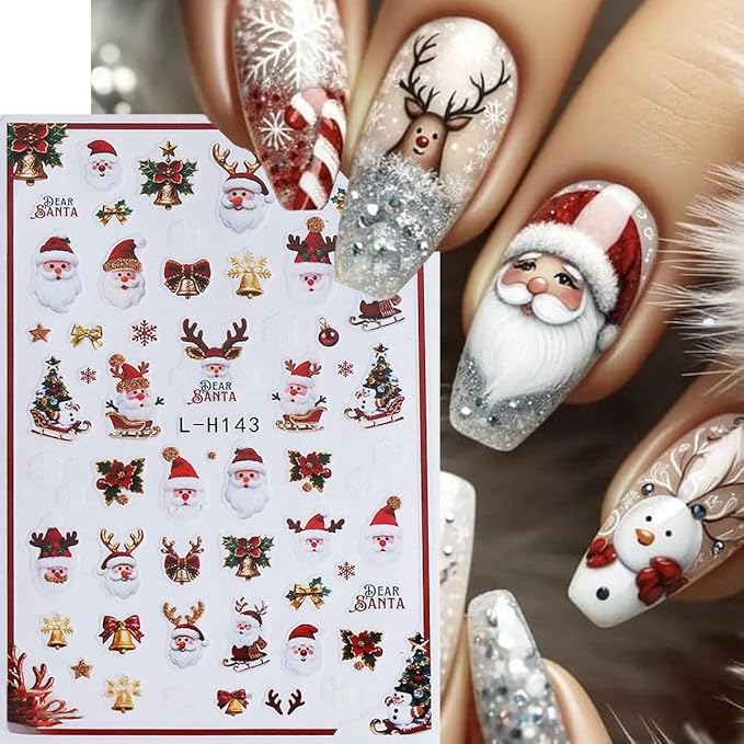 Christmas Nail Art Stickers Decals Santa Claus Christmas Tree 3D Self-Adhesive Xmas Nail Decals Nail Art Supplies 6PCS Gingerbread Man Bell Elk Penguins Design Holiday Nail Stickers for Women Girls