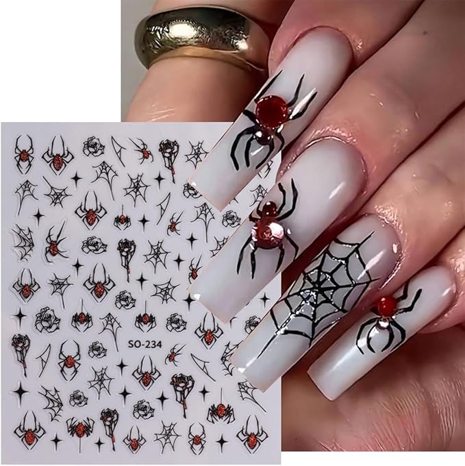 8 Sheets Strawberry Spider Halloween Nail Stickers - 3D Self-Adhesive Decals for Nail Art Design - Red, Black, Silver French Nail Art Supplies for Women