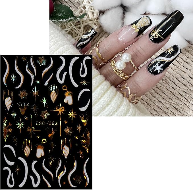 JMEOWIO 8 Sheets Christmas White Glitter Gold Nail Art Stickers Decals Self-Adhesive Snowflake Winter Holiday Nail Supplies Nail Art Design Decoration Accessories