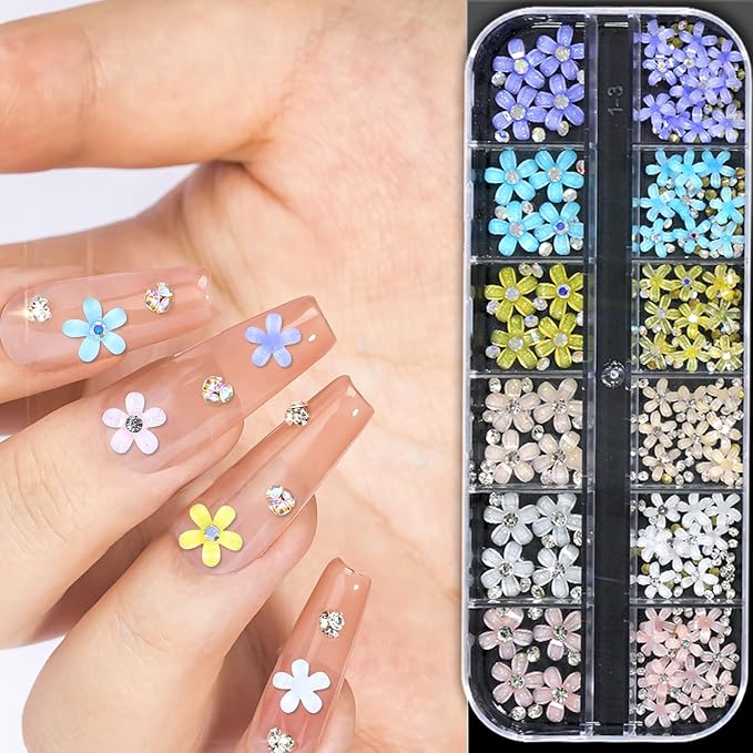 HNUIX Nail Art Charms - 3D Multiple Shapes Size, Flatback Rhinestones and Gems, Pearls, Butterfly, Bow, Flowers, Caviar Beads, with Kit, 6 Boxes, for Nail Art